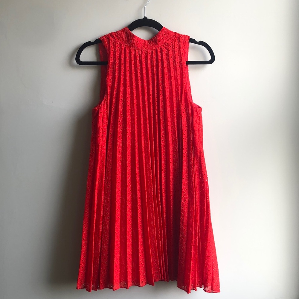 ASOS Petite Red Eyelet High Neck Pleated Dress